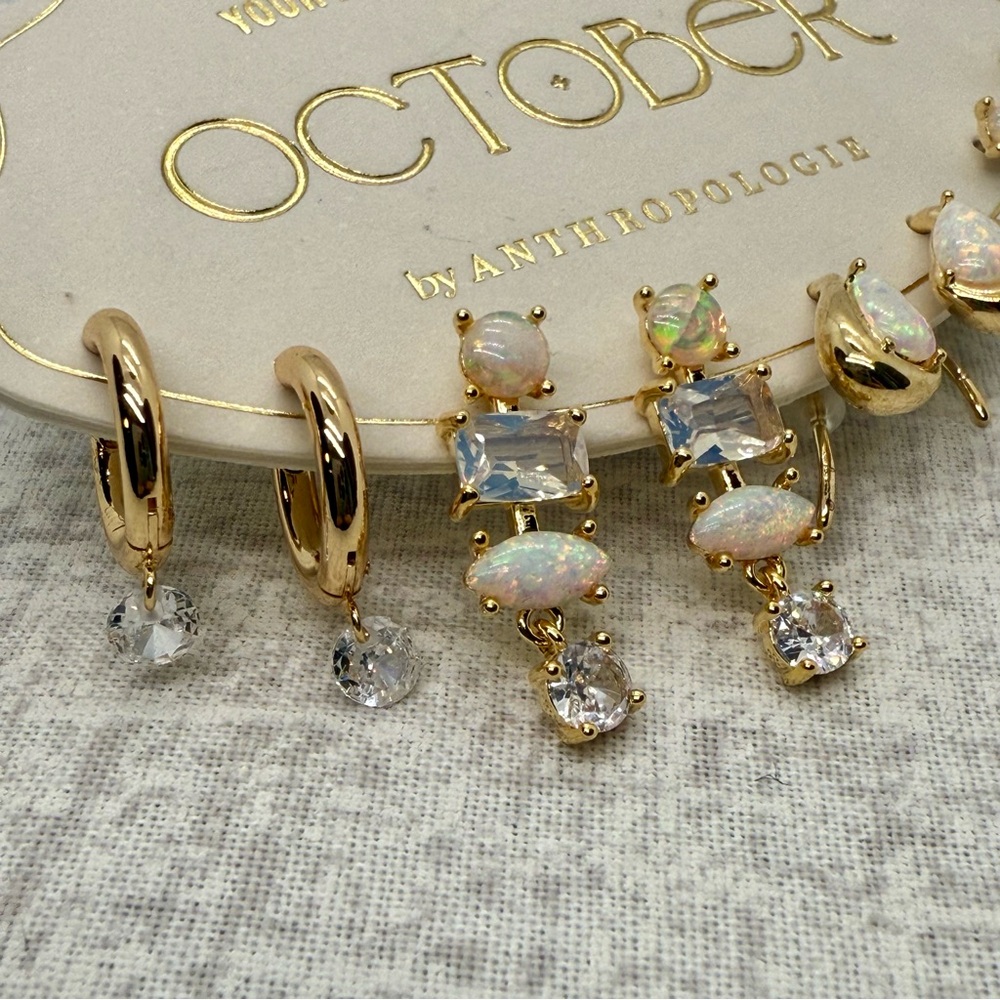 NWT Anthropologie "October" 14K Gold-Plated Earring Set (Opal Birthstone) - Picture 5 of 5